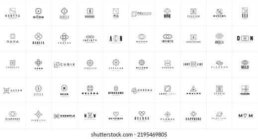 Conjunto de 50 logotipos en blanco y negro. icono abstracto geométrico, minimalista, simple. Para logotipo de negocios, afiche, volante 