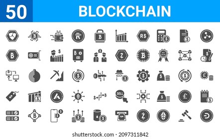 set of 50 blockchain web icons. filled glyph icons such as dash,nem,crypto records,dollar tag,peer to peer,bitcoin accepted,bitcoin,anonymity. vector illustration