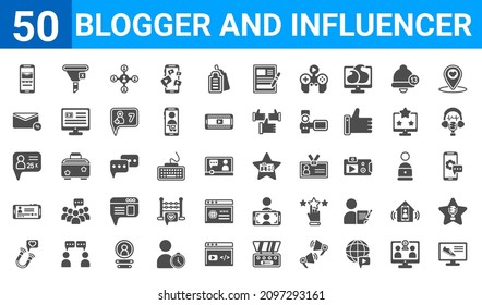 Satz von 50 Blogger und einflussreiche Web-Icons. gefüllte Glyph-Symbole wie Sportschuh, Handy, Magnet, mobiles Video, Anhänger, E-Mail, Filter, berühmt. Vektorgrafik