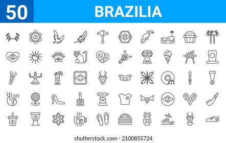 set of 50 brazilia web icons. outline thin line icons such as shoes,necklace,soft drink,coffee beans,canes,heart,tambourine,garlands. vector illustration