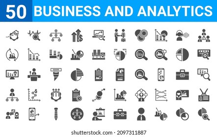 set of 50 business and analytics web icons. filled glyph icons such as data analysis pie chart,ting flow interface,consulting,department head,data analytics,synchronization,sine waves