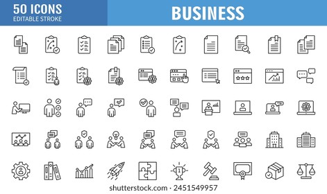 Conjunto de 50 iconos de negocios. Iconos de negocios en estilo de línea. Dinero, banco, contacto, infografía. Colección de iconos. Ilustración vectorial.