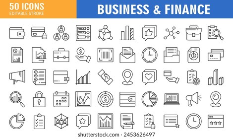 Set of 50 Business icons. Business  icons in line style. Money, bank, contact, infographic. Icon collection. Vector illustration.