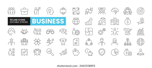 Set of 50 Business line icons set. Business outline icons with editable stroke collection. Includes Team, Brainstorm, Experience, Global Business, Office, and More.