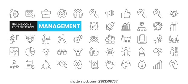 Set of 50 Business Management line icons set. Business Management outline icons with editable stroke collection. Includes Team, Growth, Project, Vision, Managing and More.	