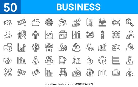 set of 50 business web icons. outline thin line icons such as pounds money bag,mortgage and man,connection box chart,euro coins stack,pounds coins stack,real estate business house on a hand,dollar