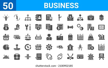 set of 50 business web icons. filled glyph icons such as small presentation board,ideas to earn money,stack of gold,pie chart statistics,director desk,money sack,dollar,post it. vector illustration