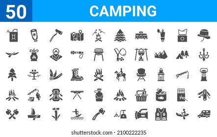 set of 50 camping web icons. filled glyph icons such as camper,gasoline,axes,firewood,tree,canoe,sun lotion,jockey. vector illustration