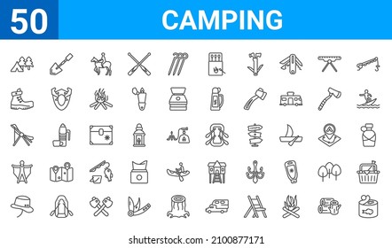 set of 50 camping web icons. outline thin line icons such as canned food,forest,explorer hat,wingsuit,deck chair,boot,shovel,raft. vector illustration