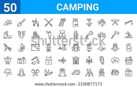 set of 50 camping web icons. outline thin line icons such as canned food,forest,explorer hat,wingsuit,deck chair,boot,shovel,raft. vector illustration
