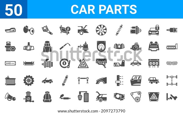 set\
of 50 car parts web icons. filled glyph icons such as car pedal,car\
reversing light,car horn,car radiator,car numberplate,car wheel\
nut,car petrol cap,car manifold. vector\
illustration