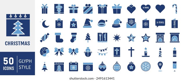 Set of 50 christmas glyph icons. Holiday symbol. Line Xmas icons collection. 