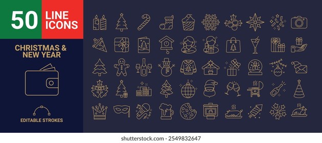 Set of 50 Christmas and new years icons, vector format, editable paths