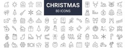 Set Of 50 Christmas Outline Icons. Holiday Symbol. Line Xmas Icons Collection. Editable Stroke
