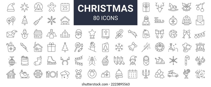 Set of 50 christmas outline icons. Holiday symbol. Line Xmas icons collection. Editable stroke
