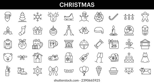 Set of 50 Christmas outline icons. Holiday symbol. Line Xmas icons collection