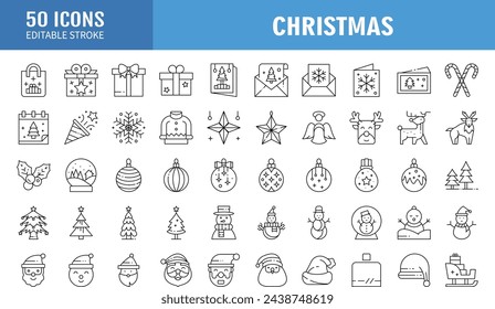 Set of 50 christmas outline icons. Holiday symbol. Line Xmas icons collection. Editable stroke