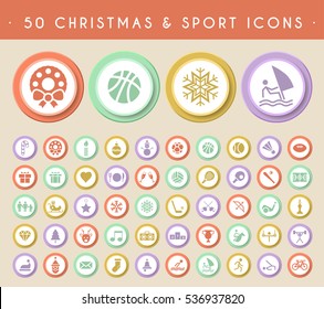 Set of 50 Christmas and Sport Icons on Circular Colored Buttons. Vector Isolated Elements.