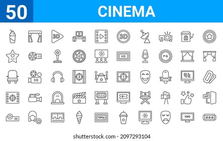 Set Of 50 Cinema Web Icons. Outline Thin Line Icons Such As Cinema Ticket With A Star,smoothie With Straw,movie Projector Front View,movie Countdown,cinema Seats,famous Cinema Star,cinema