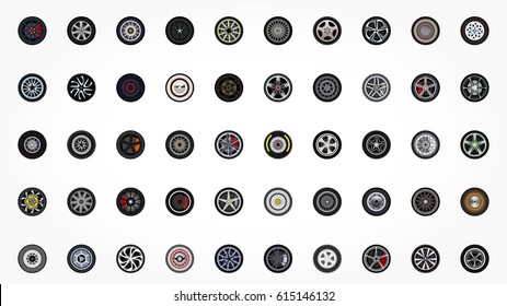 set of 50 classic and sports racing car wheels and tires with rims detail and shadow effect