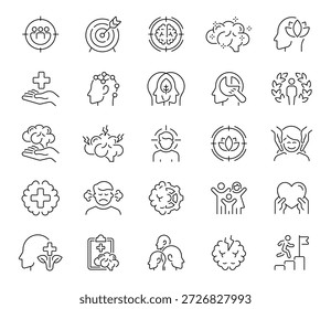 Set of 50 clean linear icons about emotional wellbeing, therapy, stress management, and mindfulness.