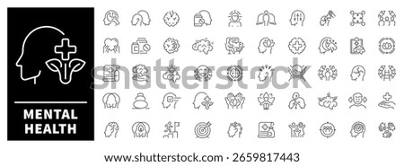 Set of 50 clean linear icons about emotional wellbeing, therapy, stress management, and mindfulness.