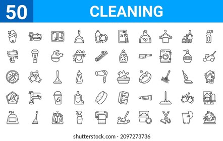 set of 50 cleaning web icons. outline thin line icons such as mirror cleanin,wiping woman head,wiping soap,no water cleanin,virus cleanin,sink cleanin,clean dishes,washing cleanin. vector
