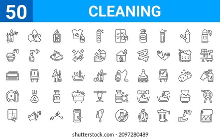 Set Of 50 Cleaning Web Icons. Outline Thin Line Icons Such As Paper Roll,charwoman,window Cleaner,washing Dishes,scrub Brush,water Soak,wash,hoover. Vector Illustration