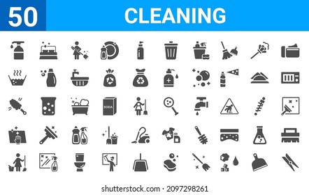 set of 50 cleaning web icons. filled glyph icons such as clothes peg,hand soap,cleaner,wiping,duster,hot water,clean room,hygroscopic. vector illustration