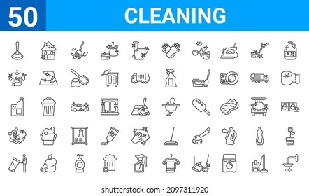 set of 50 cleaning web icons. outline thin line icons such as shower,plunger cleanin,trash cleanin,hand wash,detergent,dress cleanin,house,sink. vector illustration