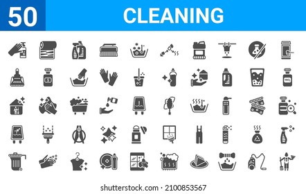 set of 50 cleaning web icons. filled glyph icons such as charwoman,hand washing,dumpster,slippery,cleaning house,dust pan,paper roll,feather duster. vector illustration