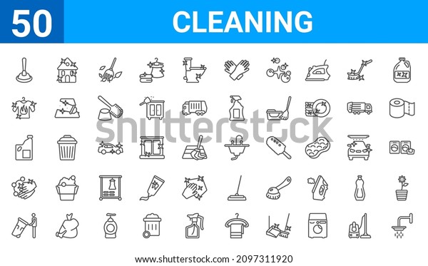 set of 50\
cleaning web icons. outline thin line icons such as shower,plunger\
cleanin,trash cleanin,hand wash,detergent,dress cleanin,house,sink.\
vector illustration