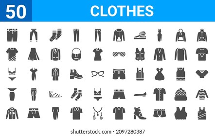 set of 50 clothes web icons. filled glyph icons such as jersey blazer,chino shorts,denim jacket,long bandeau dress,lingerine,t shirt with de,boyfriend low jean,denim shorts. vector illustration