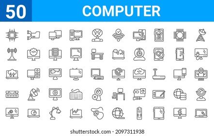 set of 50 computer web icons. outline thin line icons such as notebook and mouse cursor,computer chip,monitor with mouse cursor,random access memory chip,laptop connected to cloud,wireless internet