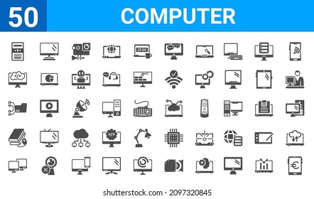 set of 50 computer web icons. filled glyph icons such as euro digital commerce,pc tower,computers,book and computer mouse,connected folder data,computing code,tv screen,laptop with cloud data.