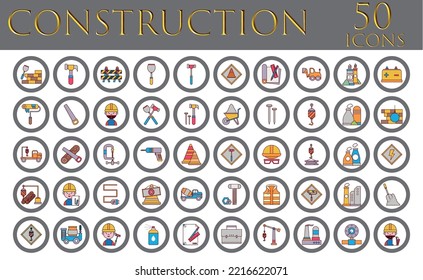 set of 50 construction icons with gray border