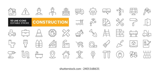 Conjunto de 50 iconos de línea de construcción. Iconos de esquema de construcción con colección de trazo editable. Incluye ingeniero, trabajo, pala, villa y más.