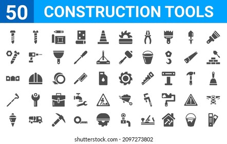set of 50 construction tools web icons. filled glyph icons such as pantone,garage screw,plumb bob,crowbar,plumb rule tool,nuts and bolts,screw,blade saw. vector illustration