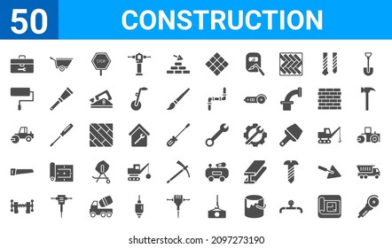 set of 50 construction web icons. filled glyph icons such as grinder,toolbox,vise,hacksaw,paver,paint roller,wheel barrow,wrench. vector illustration