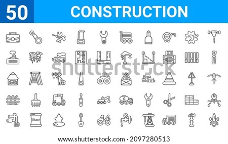 set of 50 construction web icons. outline thin line icons such as angle grinder,tool bag,adjustment system,garden fence,interior de,derrick with load,big saw,joist. vector illustration