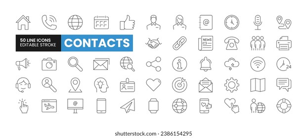 Set of 50 Contact Us line icons set. Contact Us outline icons with editable stroke collection. Includes Team, Assistance, Feeback, Idea, Calendar and More.