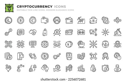 Set of 50 Cryptocurrecy icons. Thin line outline icons such as proof of work, centralized, genesis, private, data mining, payment method, exchange, transaction, value, atm, investment, spending