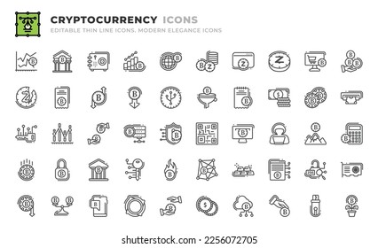 Conjunto de 50 iconos de Cryptocurrecy. Iconos de contorno de línea delgada como diagrama, cuadrícula de globo, monedas, sitio web, token, ecommerce, rico, a la mitad, factura, riesgo, disminución, expansión, embudo, libro mayor, depósito, efectivo
