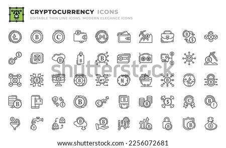 Set of 50 Cryptocurrecy icons. Thin line outline icons such as proof of work, centralized, genesis, private, data mining, payment method, exchange, transaction, value, atm, investment, spending