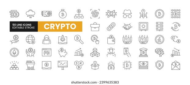 Set of 50 Cryptocurrency line icons set. Cryptocurrency outline icons with editable stroke collection. Includes Bitcoin, Blockchain, Hacker, Mining, Exchange, and More.