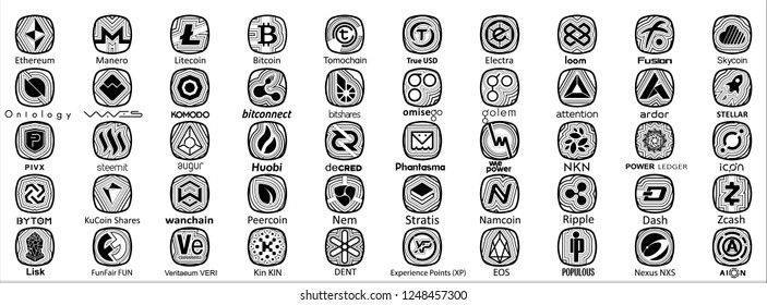 Set of 50 cryptocurrency logos, black on a white background, full names and official symbols.