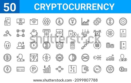 set of 50 cryptocurrency web icons. outline thin line icons such as coin,budget accounting, ,bitcoin,greed,auction hammer,e-business,cash hine. vector illustration