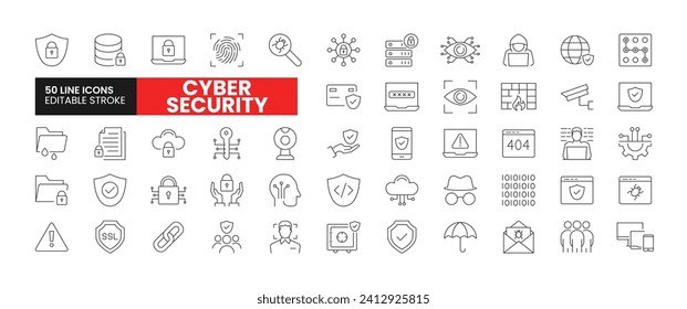 Set of 50 Cyber Security line icons set. Cyber Security outline icons with editable stroke collection. Includes Security, Bug, Coding, Hacker, Fingerprint, and More.