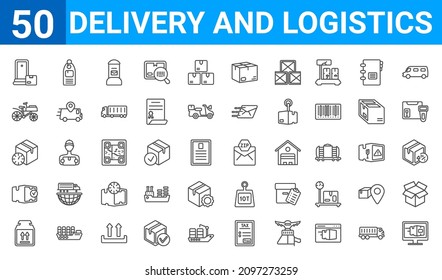 set of 50 delivery and logistics web icons. outline thin line icons such as delivery monitor,delivery to the door,delivery box,packages,delivery delay,delivery by bike,tag,zip code. vector