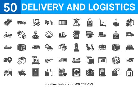set of 50 delivery and logistics web icons. filled glyph icons such as delivery box,delivery tag,delivery x ray,pin,shipping,scooter,transportation,postbox. vector illustration